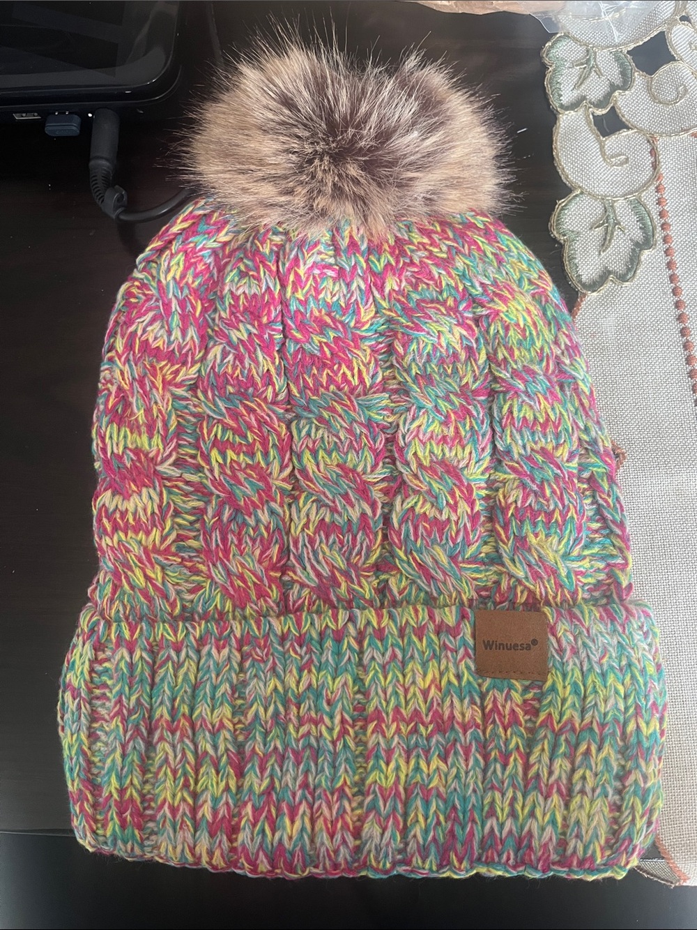 Kids Multicolor Knit Pom Beanie - Pink/Green/Yellow! Brand New never used!